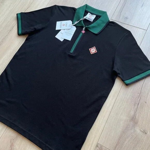 SMALLCASABLANCA MEN'S BLACK HALF ZIP COTTON POLO T-SHIRT